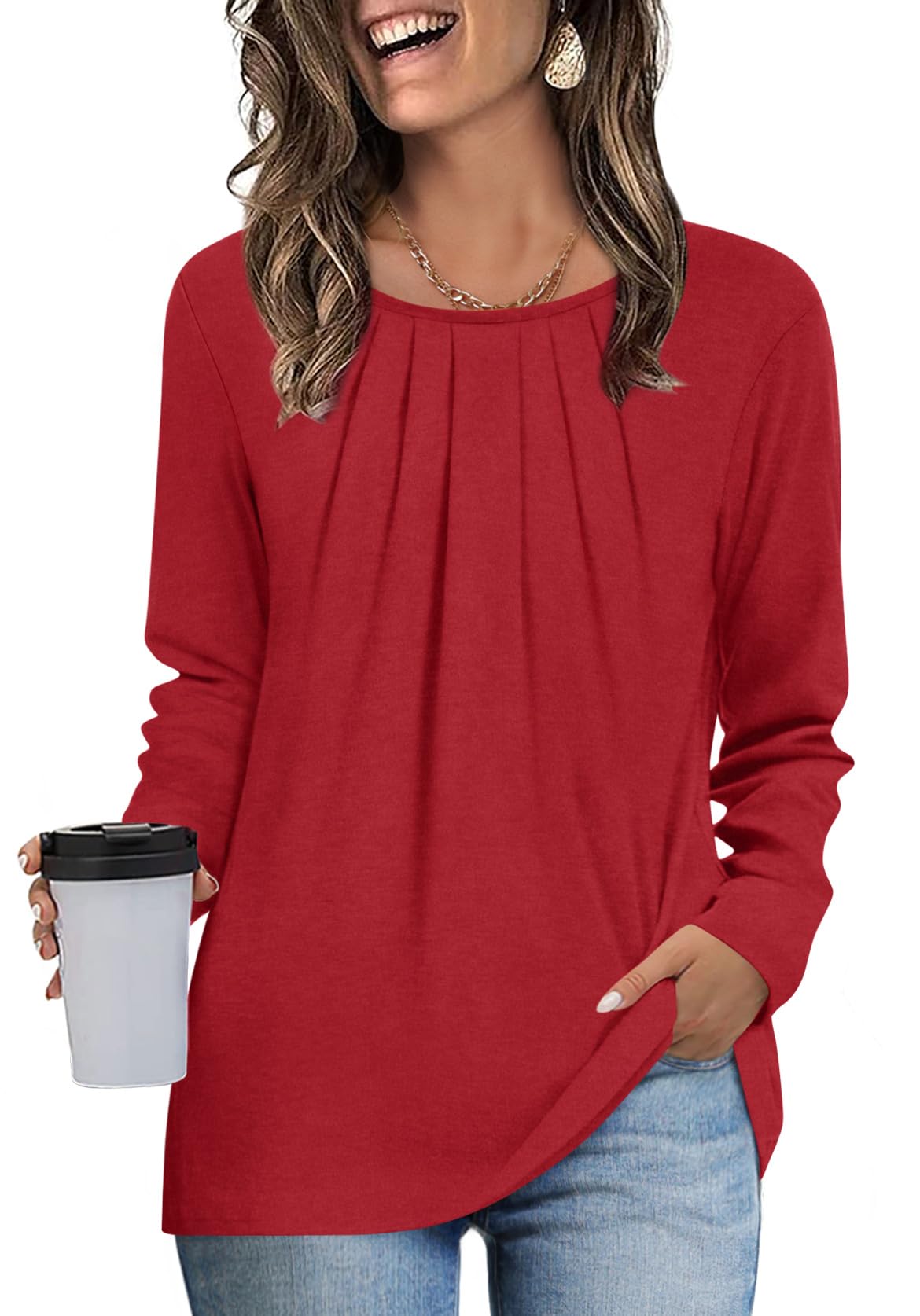 Findsweet Womens Long Sleeve Tunic Tops Dressy Casual Crewneck Pleated Shirts Fashion Trendy