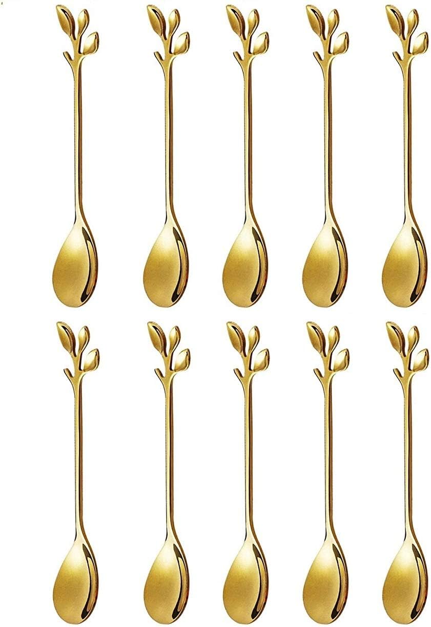 Stainless Steel Leaf Coffee Spoon, SZBAIDEKJ 10 Pcs Creative Tableware Dessert Spoons, Stirring, Mixing, Sugar, Stir, Ice Cream Teaspoon Set