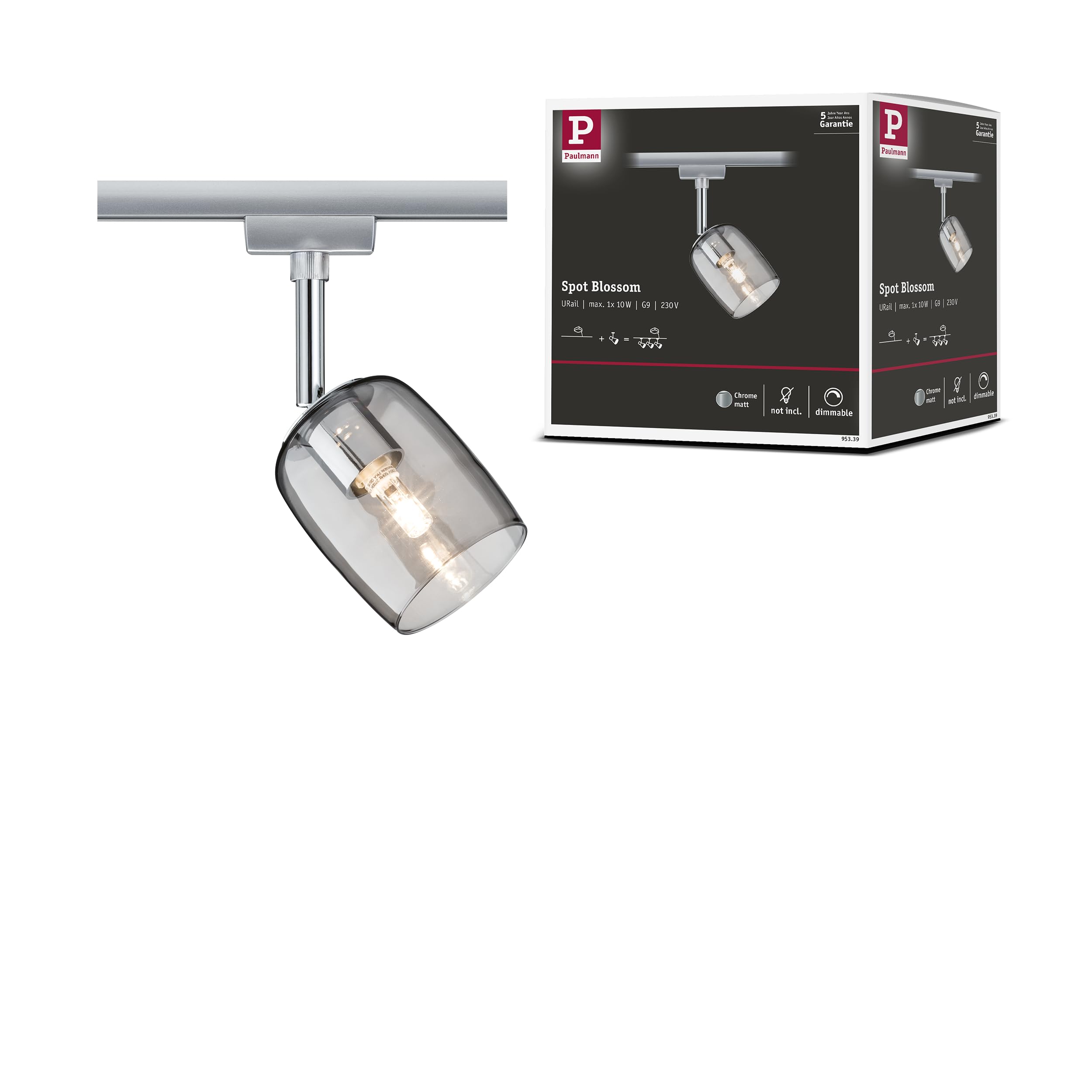 Paulmann 95339 Blossom URail Individual spot G9 max. 10W dimmable 230V Chrome matt, Smoke Glass Rail System – Choose Any lamp