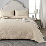 Qucover King Quilt Bedding Set, 3 Piece Soft Polyester Beige Quilt King Size, Ultrasonic Geometric Quilt Set, Lightweight Summer Quilt King Size, with Pillow Sham, 96' x 106'