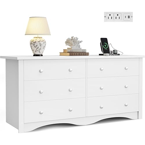 Furmax Dresser for Bedroom with Power Outlet, 6 Wood Dresser, Chest of Drawers, for TV up to 65 inch, TV Stand Storage Chest of Drawers for Hallway Entryway (White)
