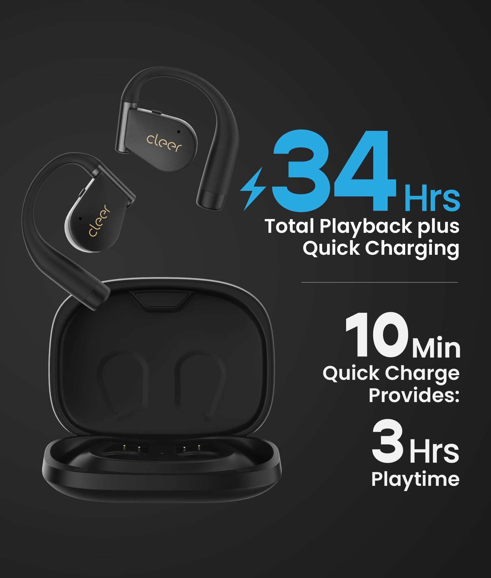 Cleer ARC 4 Plus - Auriculares de oreja abierta, auriculares Bluetooth inalámbricos con audio Dolby y seguimiento de cabeza, auriculares con gancho para la oreja con tiempo de reproducción de 34 horas