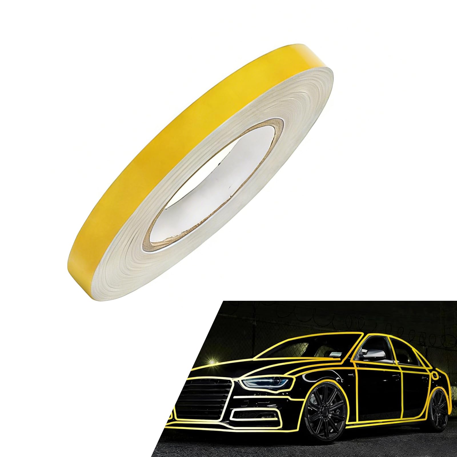 Car Reflective Strip Sticker, 0.39" x 197" Waterproof Car Body Reflective Tape, DIY Night Visibility Warning Rim Strip Decal, Universal for Most Cars, Motorcycles, Bikes (Yellow)