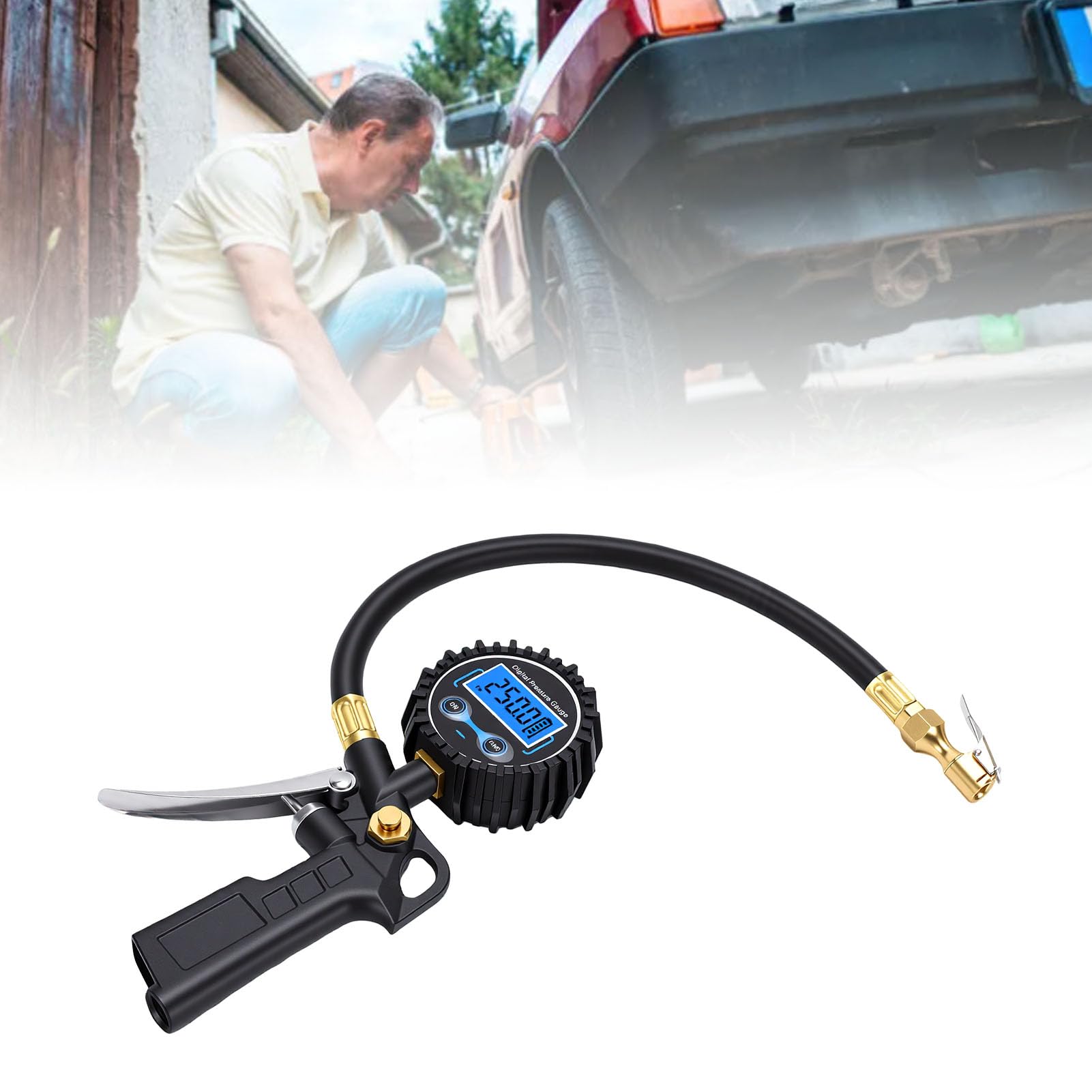 aqxreight Manomètre Numérique de Pression des Pneus, Gonfleur de Pneus 250 PSI Résolution 0,1 PSI, écran rétroéclairé LED avec Compresseur D'air 1/4 in NPT pour Voiture, Camion, SUV,