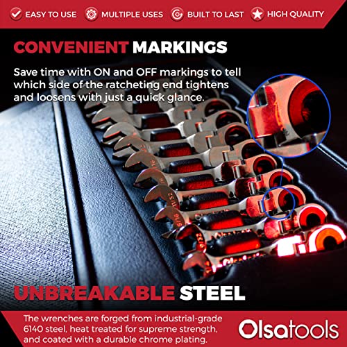 Olsa Tools Flex Head Stubby Ratchet Wrench Sets (Sae 11Pc) | 6-Point Box End Ratchet Wrenches Set | 120 Tooth Ratchet Wrench Set | Works On Stripped And Rounded Bolts | Professional Grade Spanners #TOP2