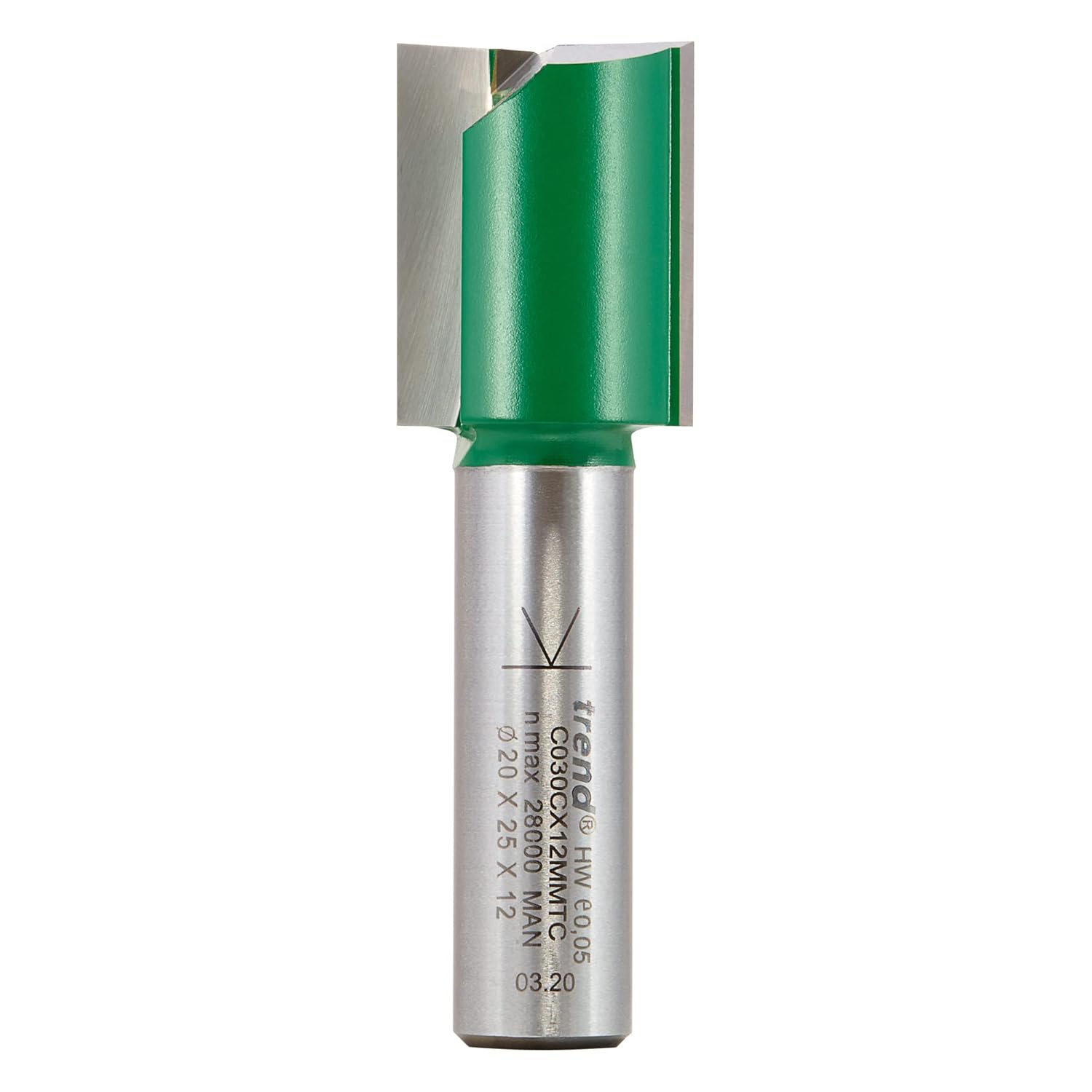 TREND C030CX12MMTC Double Flute Cutter 20mm Diameter x 25mm Cut 12mm Shank Suitable for Applications Such as Engraving, Grooving, Folding and Flat Mortising