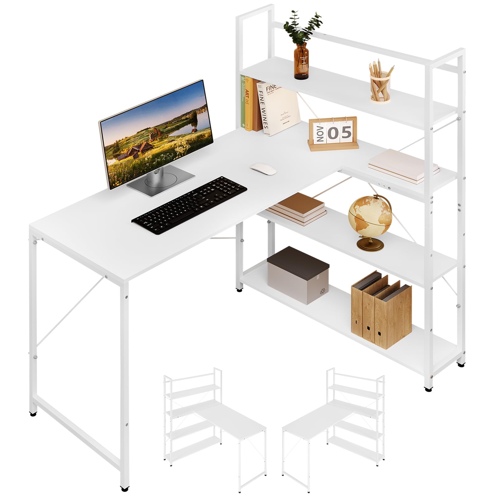 Klihome Escritorio L con Estanteria Alta, 120x50cm, Mesa Trabajo, Mesa Escritorio para Esquina, Mesa de Ordenador para Estudio u Oficina, Blanco, K0005TS