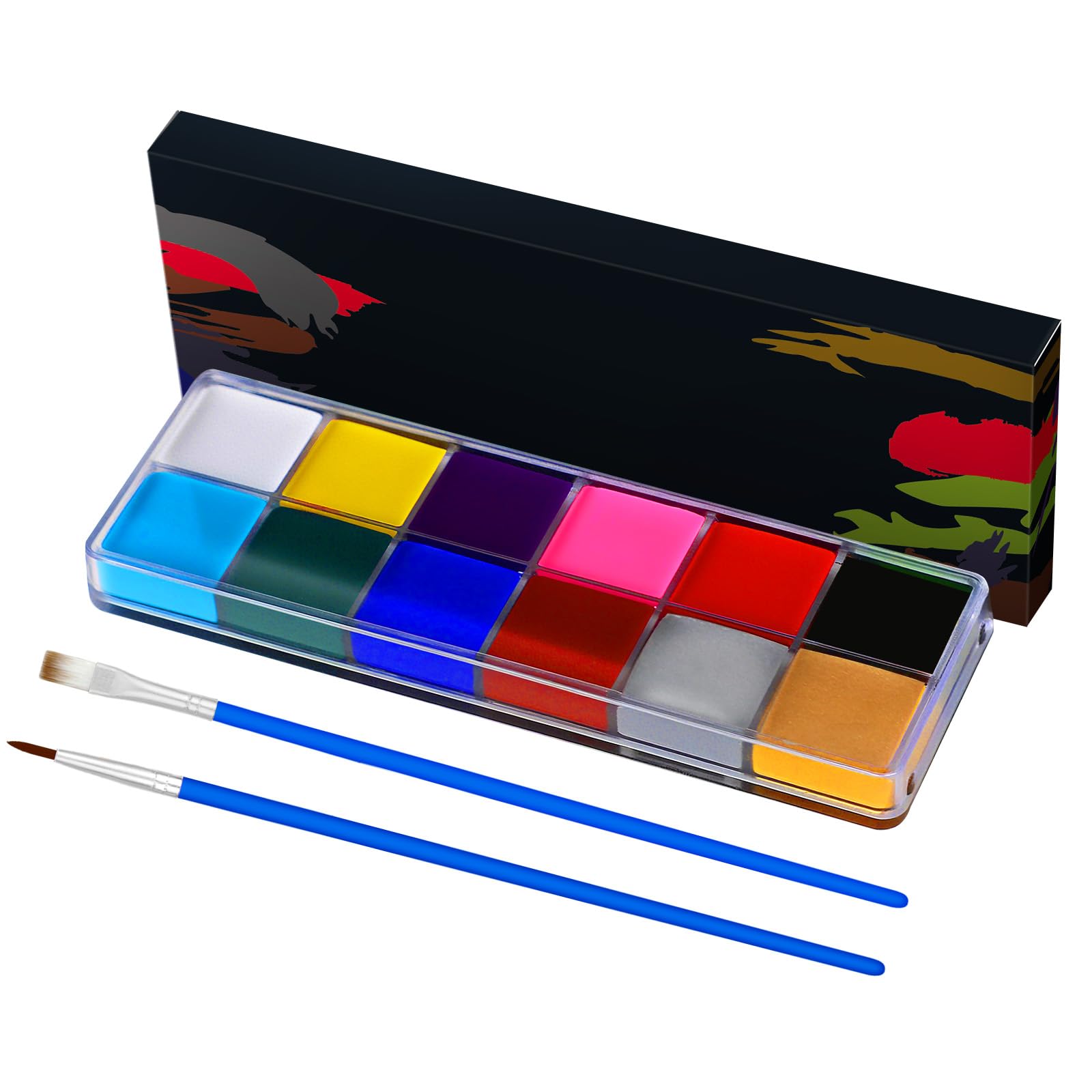 Kit de pintura facial para niños, pintura facial activada por agua de 12 colores con 2 pinceles, kit de maquillaje de Halloween no tóxico, pintura facial corporal profesional para Halloween, fiestas