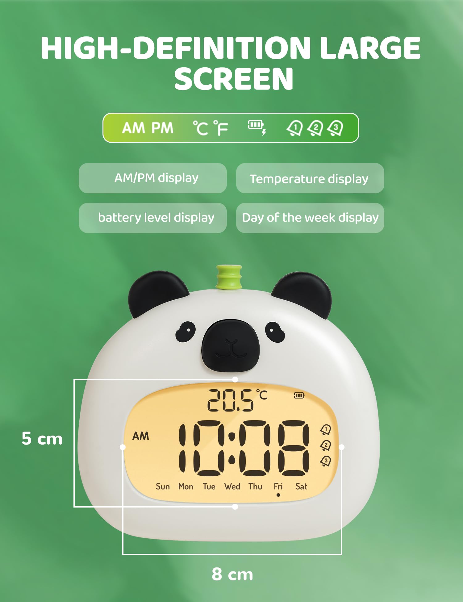 IHALO Simpatico sveglia per bambini, sveglia da comodino con panda luce notturna digitale, display a LED, 3,15 pollici, tre allarmi, modalità weekend, data, ora, temperatura, ricaricabile, decorazione