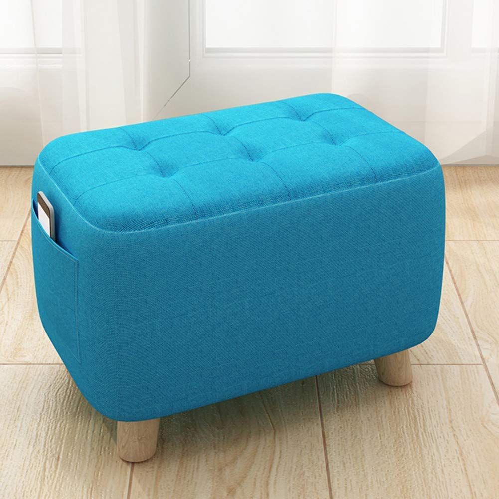 Pouf rond repose-pieds bleu en bois véritable 42x25x27cm