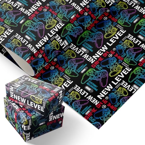 PlandRichW Gaming Theme Wrapping Paper - 4 Large Folded Sheets 40 x 28 New Level Design with Controllers for Gamer Birthday Party Favors Holiday Gift