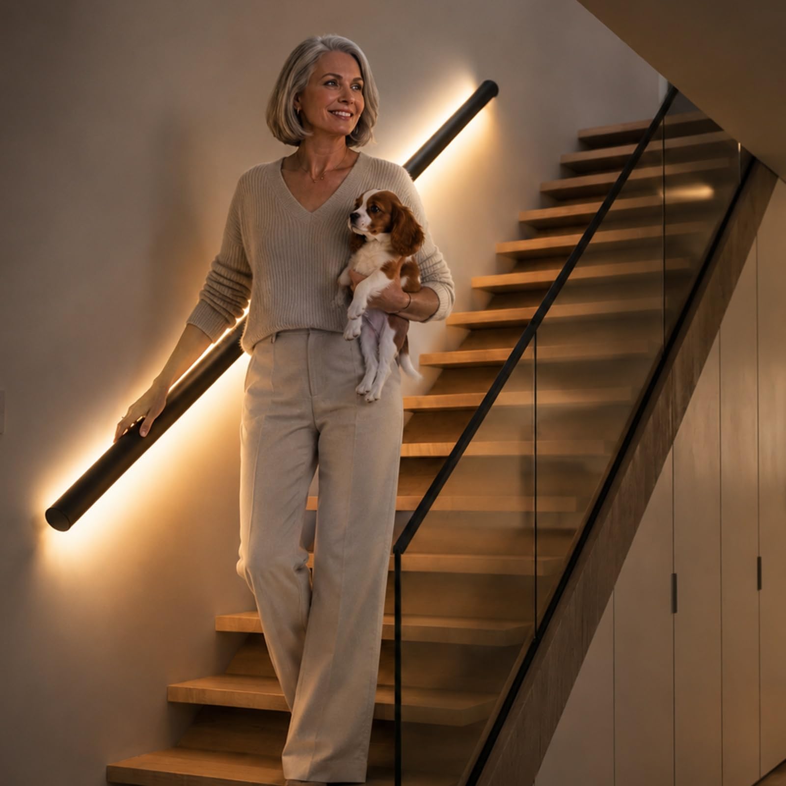 Body Sensing Stair Handrail with Soft Light, Modern Luminous Banister Railing System, Anti-Slip Aluminum Alloy Safety Rail for Elderly & Kids(Left Top,3.9ft/1.2m)