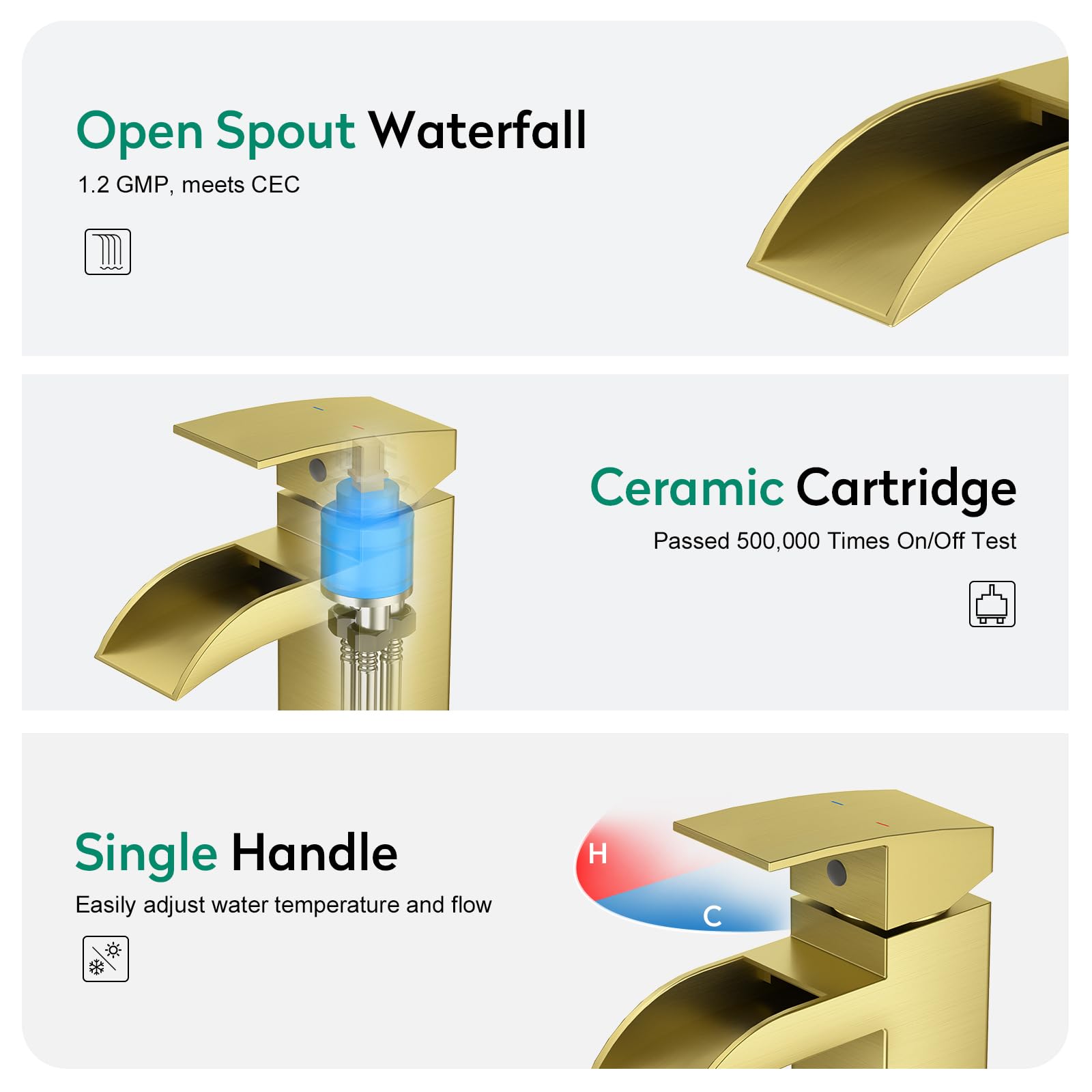 CREA Robinet de salle de bain cascade doré brossé 1 trou poignée unique robinet d'évier de salle de bain avec drain pop-up en acier inoxydable robinet mitigeur de lavabo ligne d'alimentation en eau