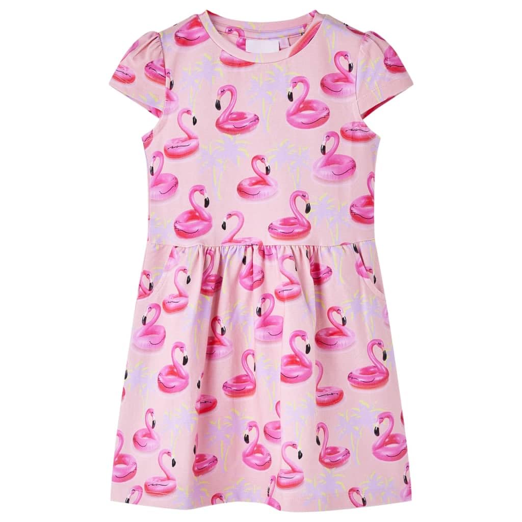 Vestido infantil rosa claro de algodón con manga corta y cuello redondo, talla 128 para niña, estampado con flotadores y árboles de flamenco