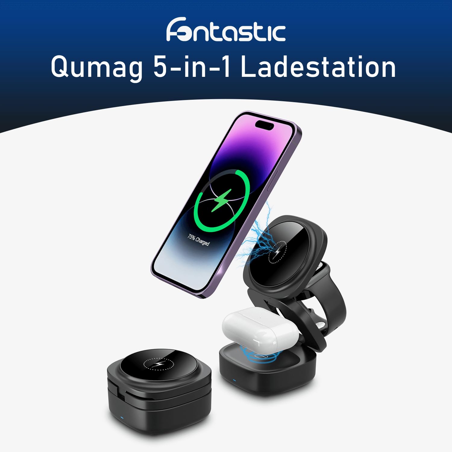 FONTASTIC Qumag induktive Ladestation 65W, Faltbarer Wireless Charger, 5-in-1 kabelloses Ladegerät für Smartphones UVM., Aufladestation mit Fast Charge USB-A und Power Delivery USB-C