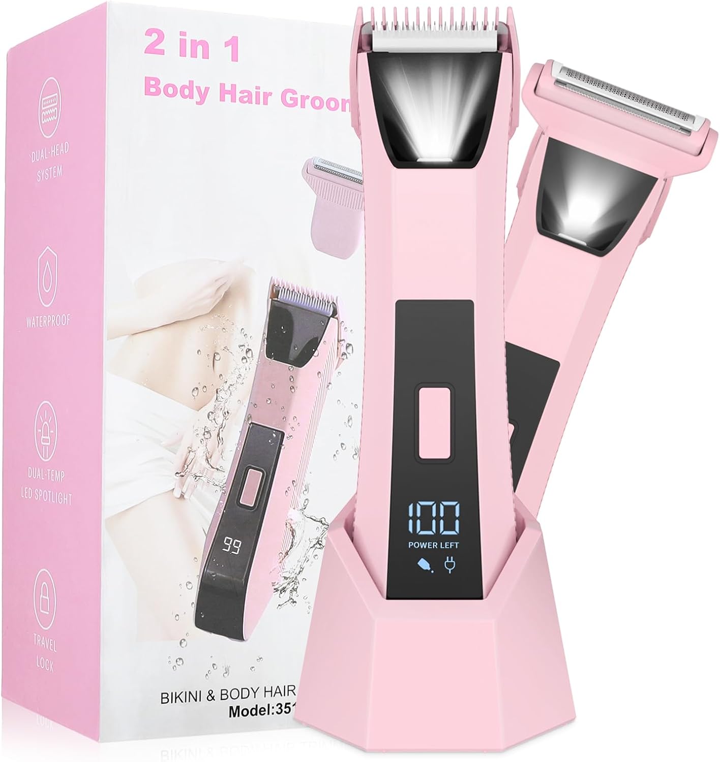 2-in-1 Bikini Trimmer for Women – Electric Razor & Pubic Hair Shaver with LED Light & Display, IPX7 Waterproof, USB-C Fast Charge, Travel Lock, Ceramic Blades for Body/Underarm/Leg, Painless Grooming