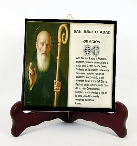 Gifts by Lulee, LLC San Benito Abad o San Benito de Nursia Losa o Placa de Porcelana o Altar 6 X 6 Hecha a Mano Incluye Caballete y Postal de Rezo