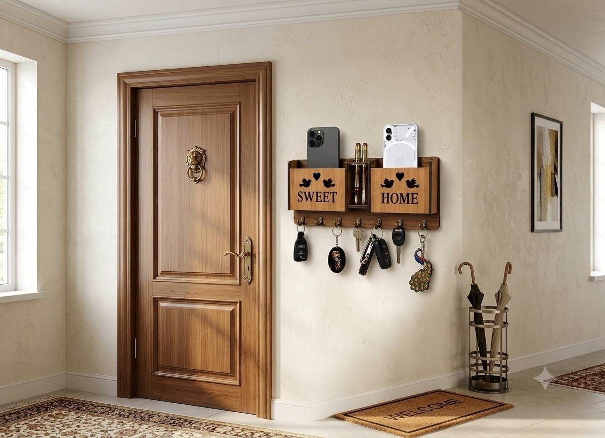 Wood Key Holder with 8 Hooks - Brown -5