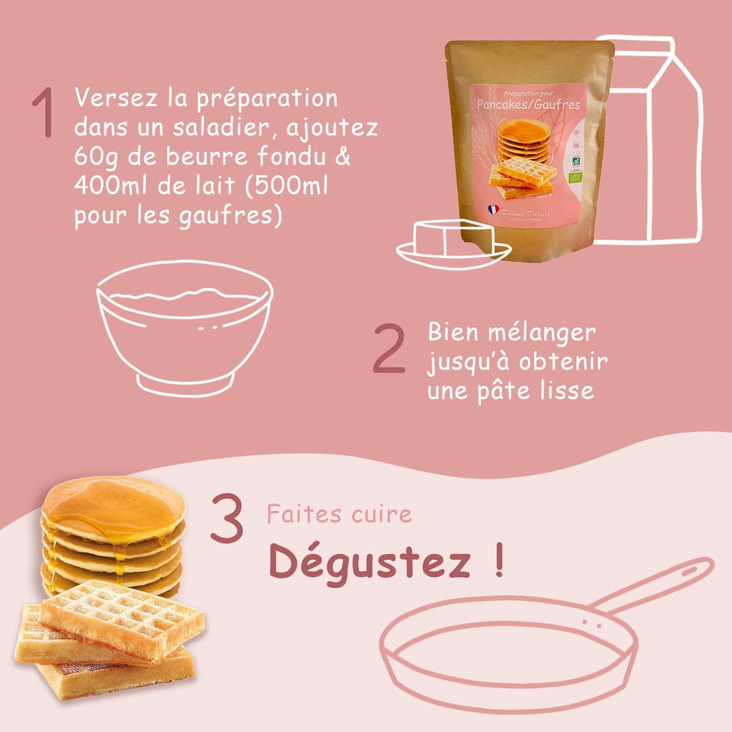 FRANCE DÉLICES - Préparation Pâtisserie 2-En-1 Pour Pancakes Et Gaufres Bio - Petit Déjeuner Ou Goûter Gourmand Et Naturel - Prêt En 5min - Fabrication Artisanale En France - 4/6 Pers. - 300g