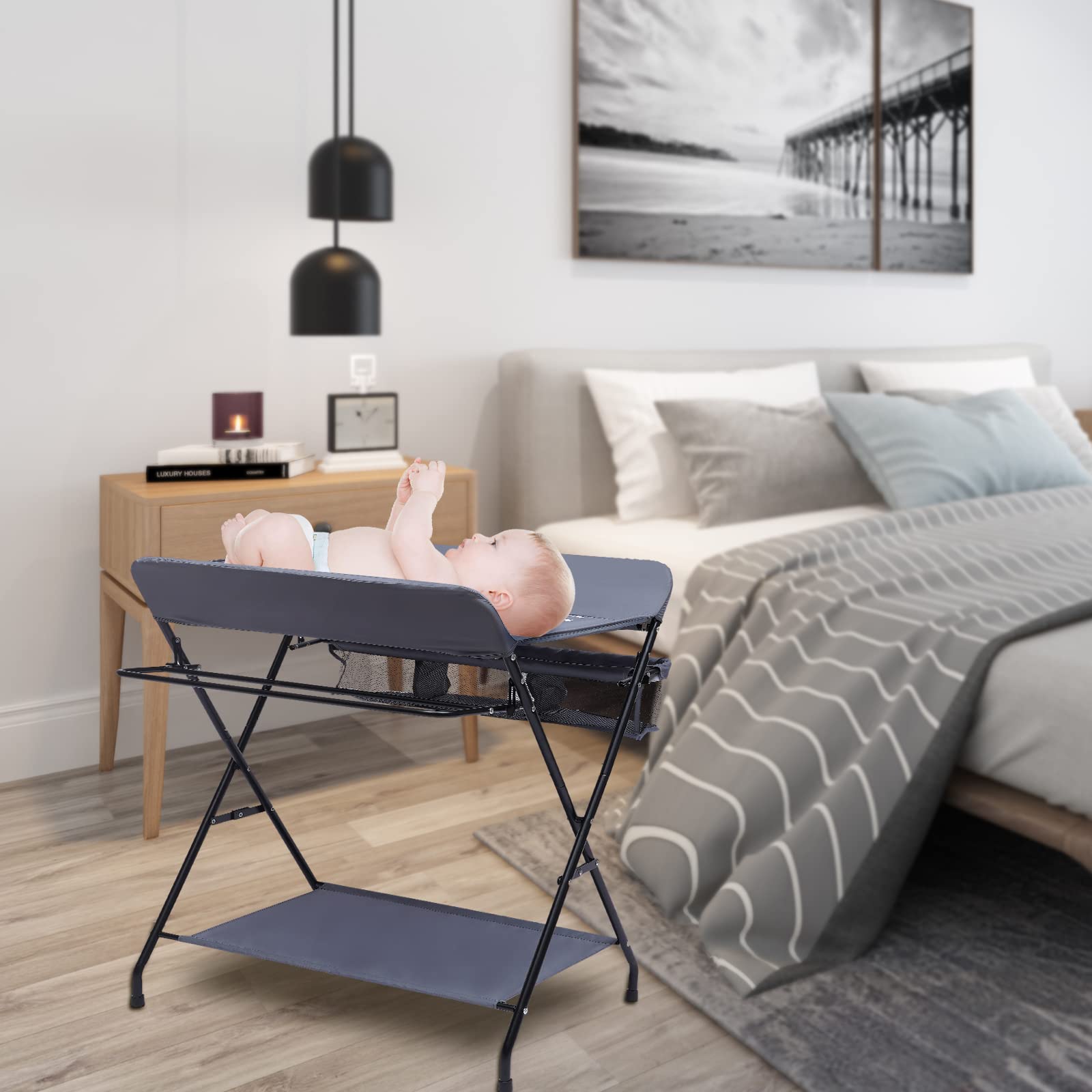 Fasciatoio portatile pieghevole per neonati con cintura di sicurezza 80x63x96 cm