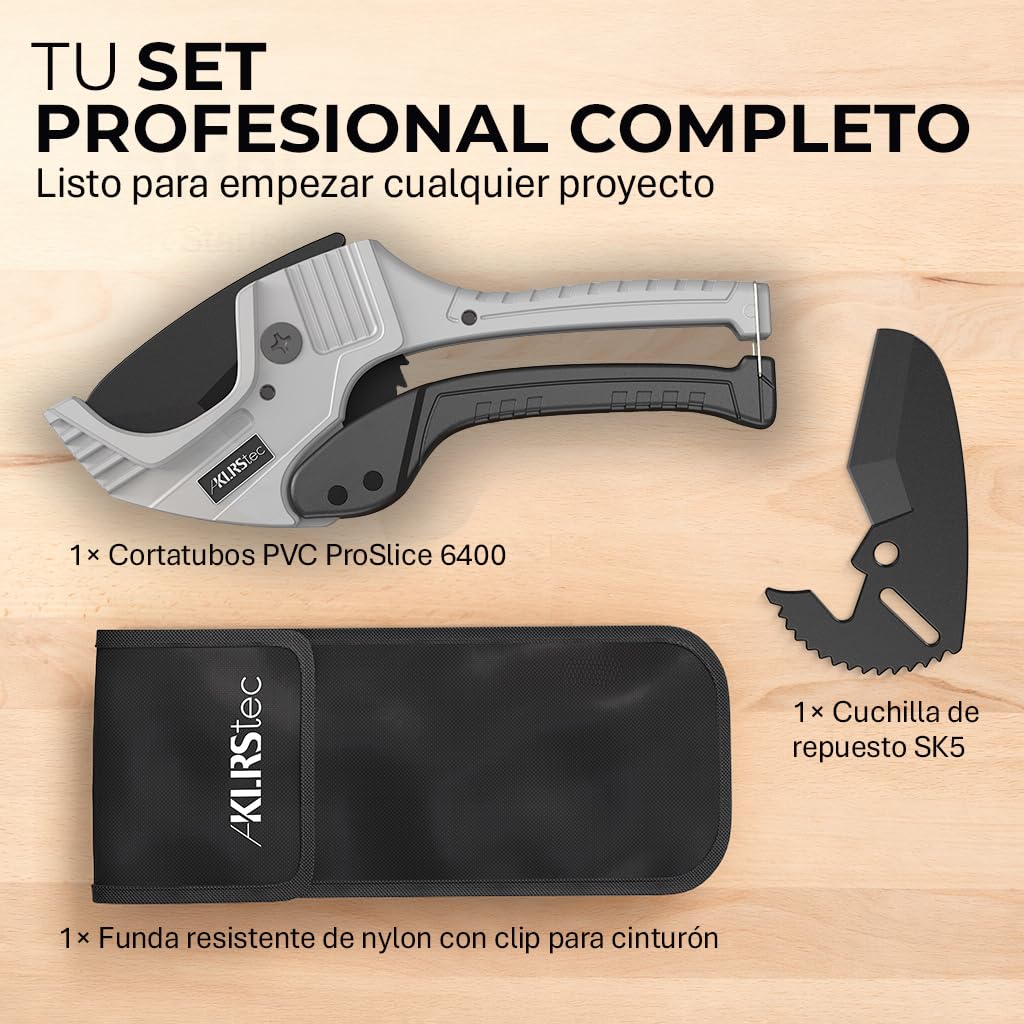 KLRStec Juego de cortador de tubos de PVC profesional ProSlice 6400 (64 mm/2-1/2") Cortador Profesional con Carraca para PVC, PE, PP – Incluye Cuchilla de Repuesto y Funda Nylon con Clip