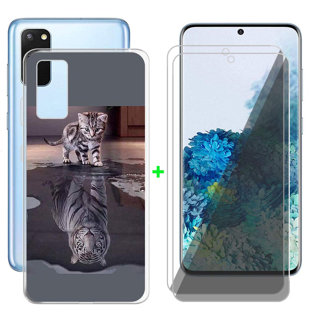 Phone Case Transparent + 2 Pieces Tempered Glass Film for Samsung Galaxy S20 (6.2 Inches), KJYF HD Screen Protector + Cover TPU Transparent Case Friendly Protective for Galaxy S20 - Cat or Tiger
