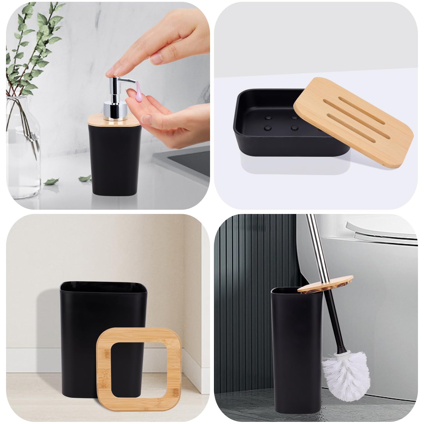 MissFox Set 6 Pezzi Accessori Bagno In Bambù – Dispenser Sapone, Cestino, Portaspazzolino, Scopino E Portasapone – Grigio - 5