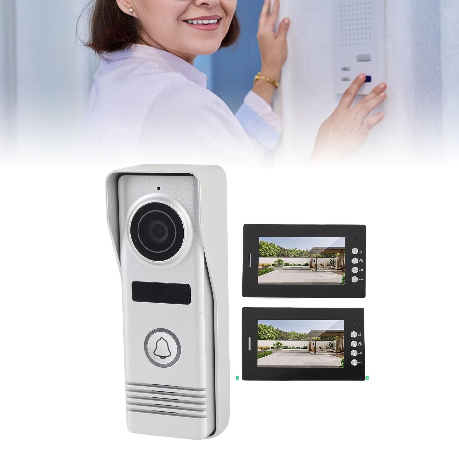 Videocitofono Wireless, Videocitofono Citofono di Sicurezza Domestica, Doppio Schermo HD da 7 Pollici, Doppie unità Interne, Telecamera Grandangolare 120°, Segnale Stabile (Spina europea)