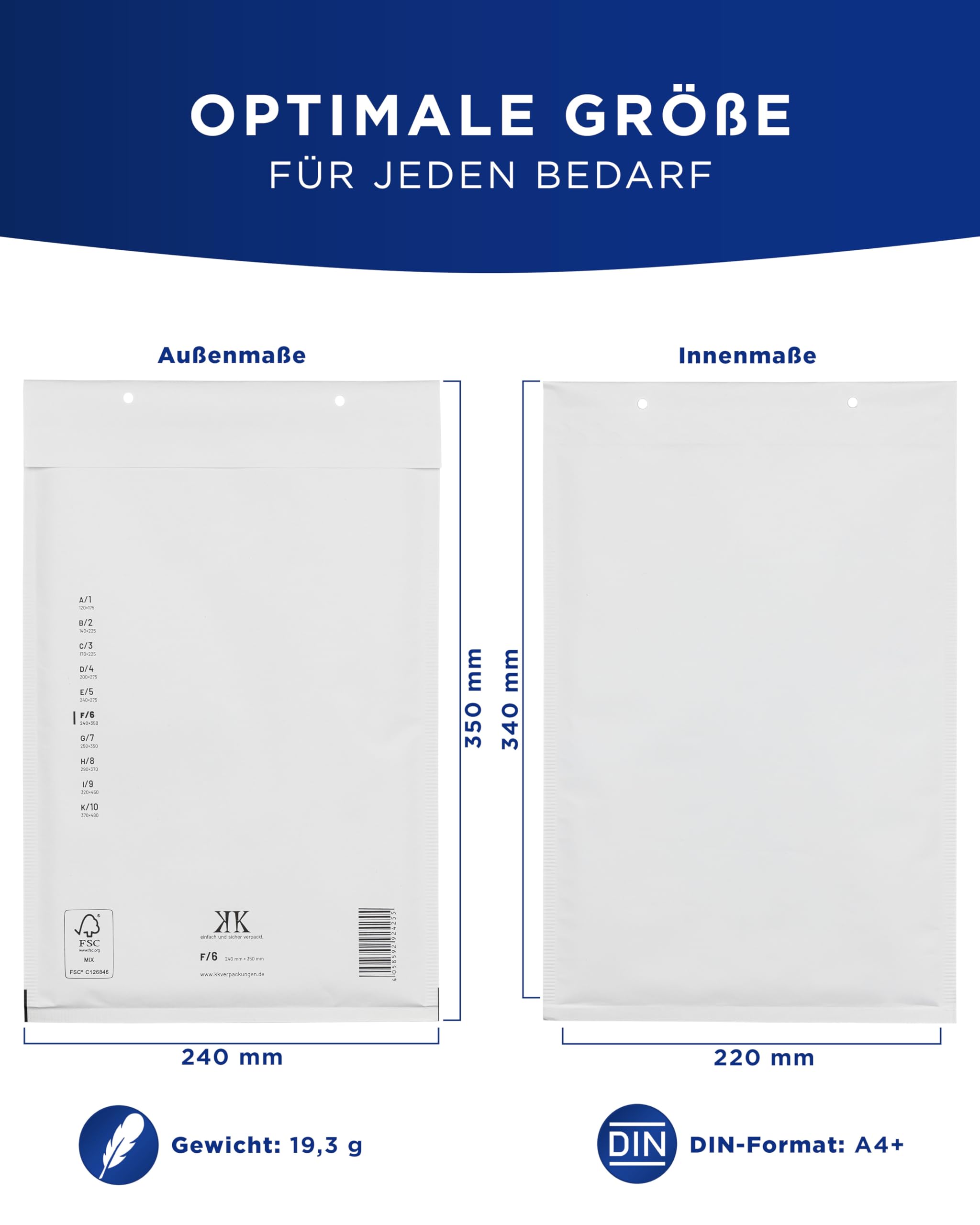 KK Verpackungen 300x Luftpolster-Versandtaschen F6 F/6 240 x 350 mm (Außenmaß) in Weiß | Luftpolsterumschläge Luftpolstertaschen selbstklebend für DIN A4+
