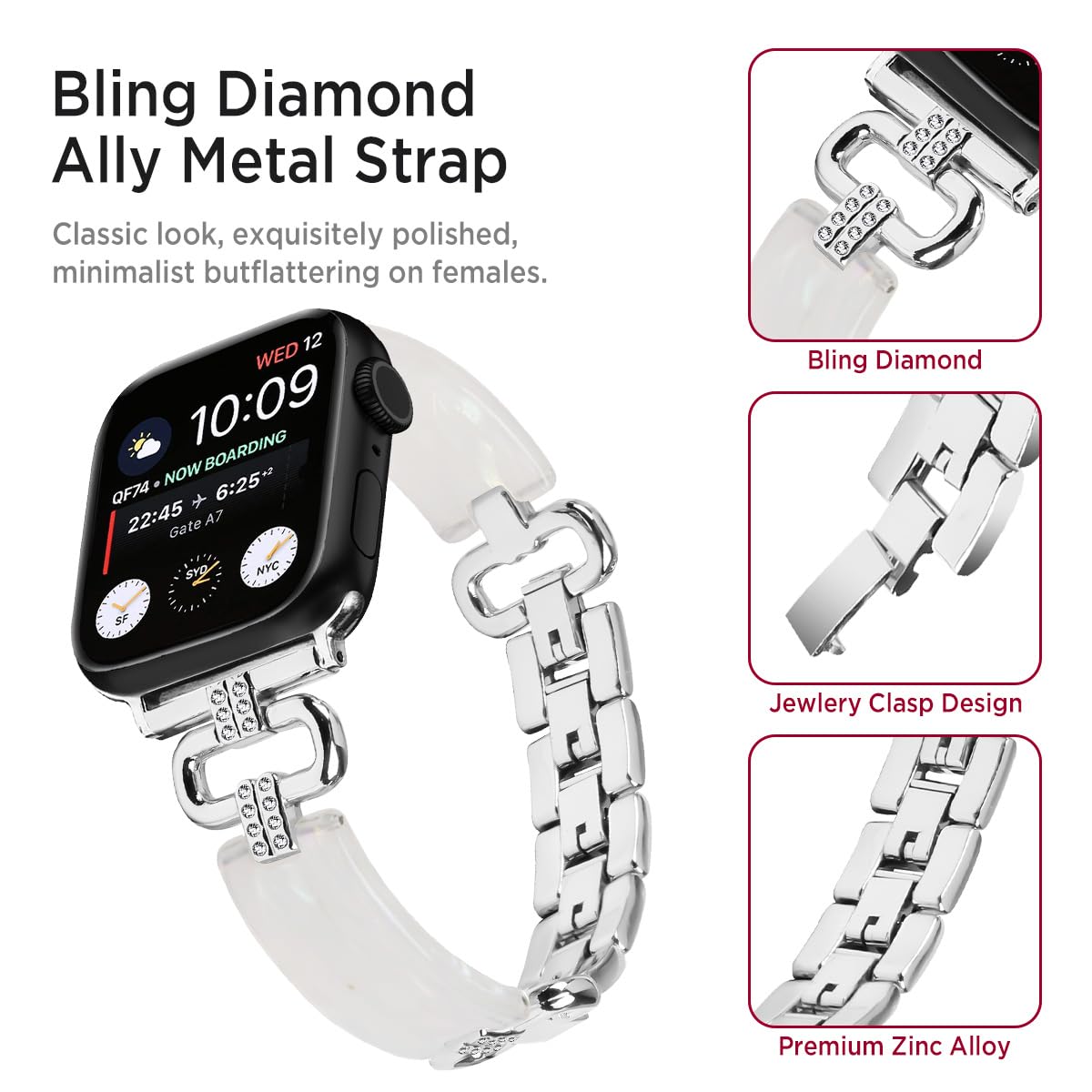 Miimall Resin Strap for Apple Watch Series 11 10 9 8 7 6 5 4 Ultra SE 3 2 1, Bling Metal Strap for iWatch 42mm 41mm 40mm 38mm - Image 2