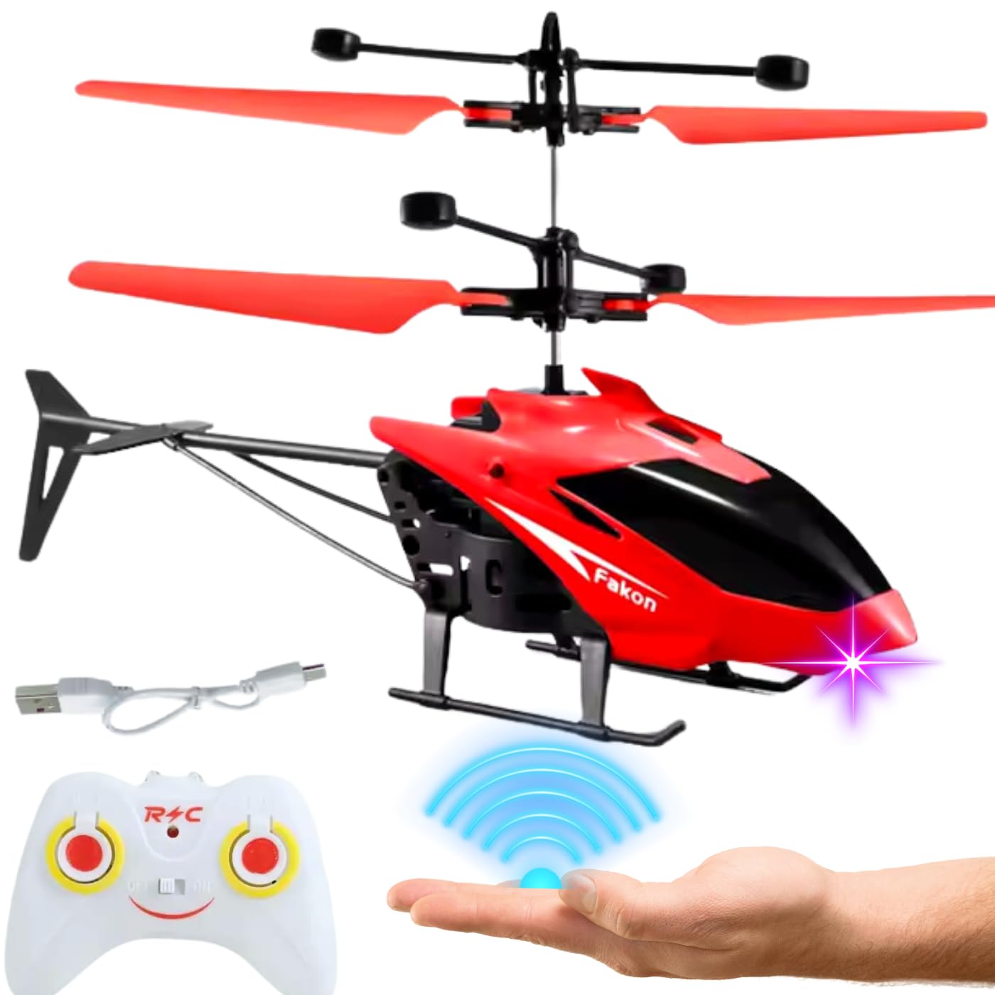 KIDZYMON Flying Helicopter with Radio Remote Control and Hand Sensor Charging Helicopter 2 in 1 Toys with 3D Light Toys I Remote Control Helicopter - Pack of 1 - RED Colour