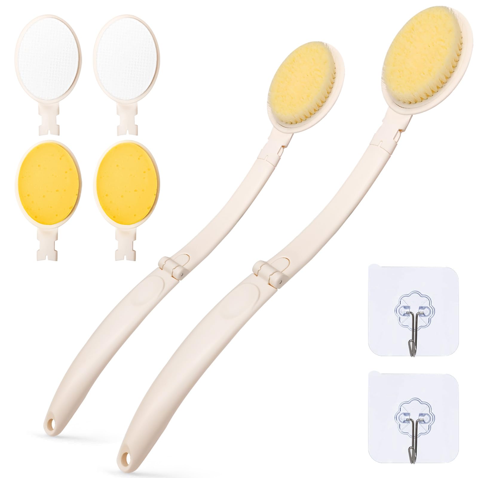 LFJ 19" Long Handle Shower Sponge Brush Set, 3 in 1 Body Brush, Bath Sponge and Lotion Applicator Improved Skin Health, Suitable for Men and Women (White Brush-2P)