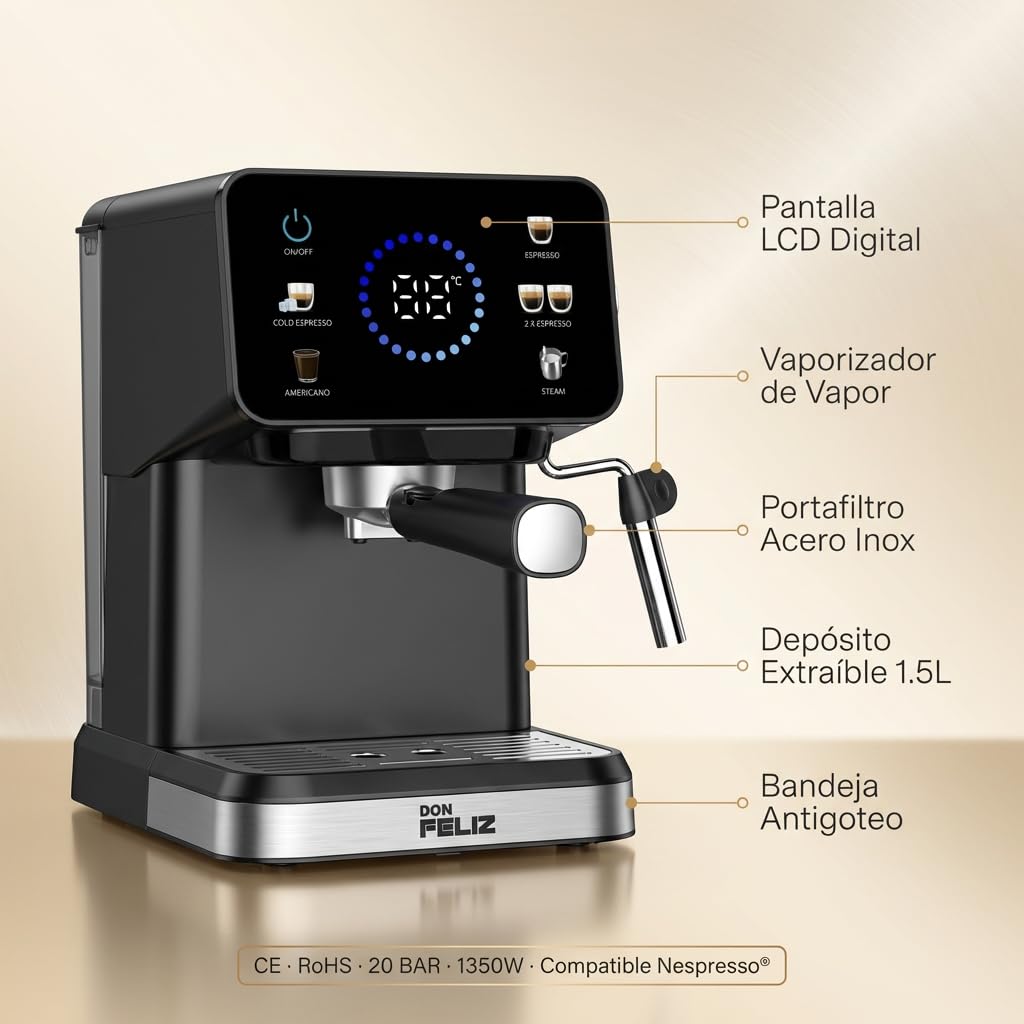 Don Feliz Máquina de café Digital, 20 Bar, 1350W, Cafetera Compatible con cápsulas Nespresso, Pantalla LCD, Vaporizador Acero Inoxidable, Depósito 1.5L