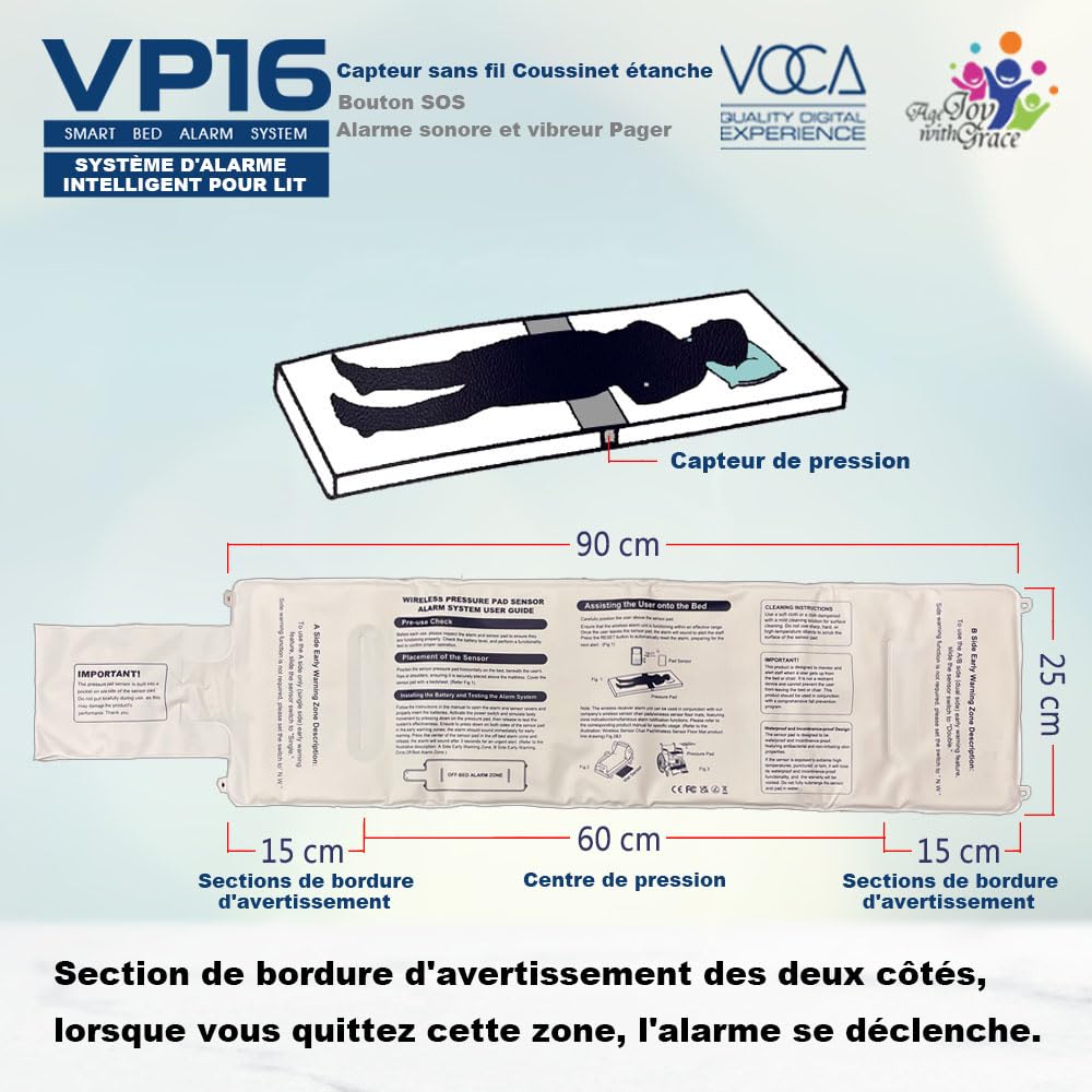 Alarme de lit VOCA VP16 sous matelas pour personnes âgées, tapis de détection sans fil avec alerte précoce et téléavertisseur, alarme de sécurité pour lit, prévention des chutes, pour personnes âgées