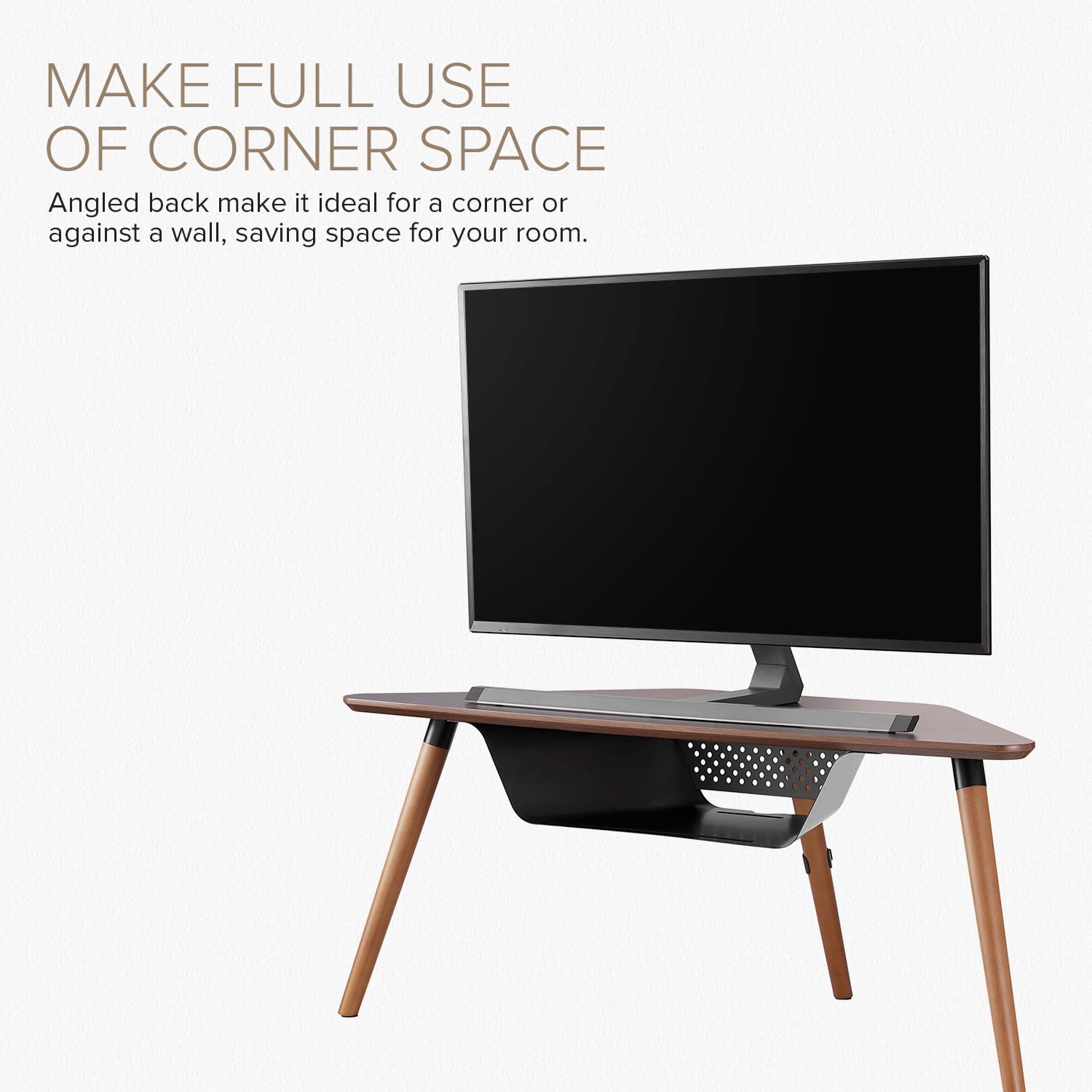 POUT E18 Corner TV Stand with Storage - Solid Wood Legs & Vented Storage Shelf - Supports Max Load 50lbs 55 to 70 Inch LED TV Screens - Universal TV Stand (White&Beech)