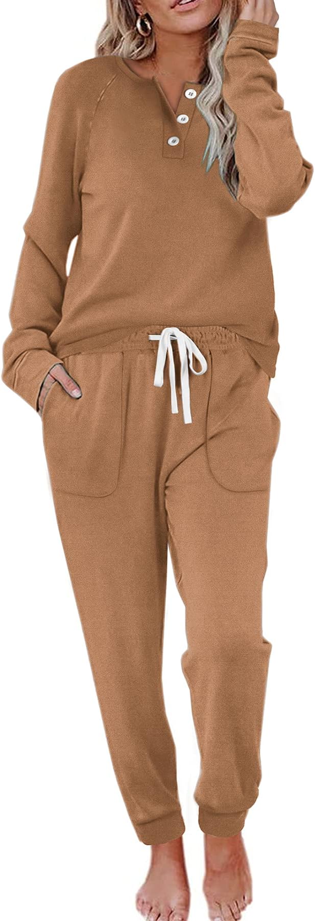 WIHOLLTwo Piece Outfits for Women Lounge Sets Button Down Sweatshirt Sweatpants Sweatsuits Set with Pockets