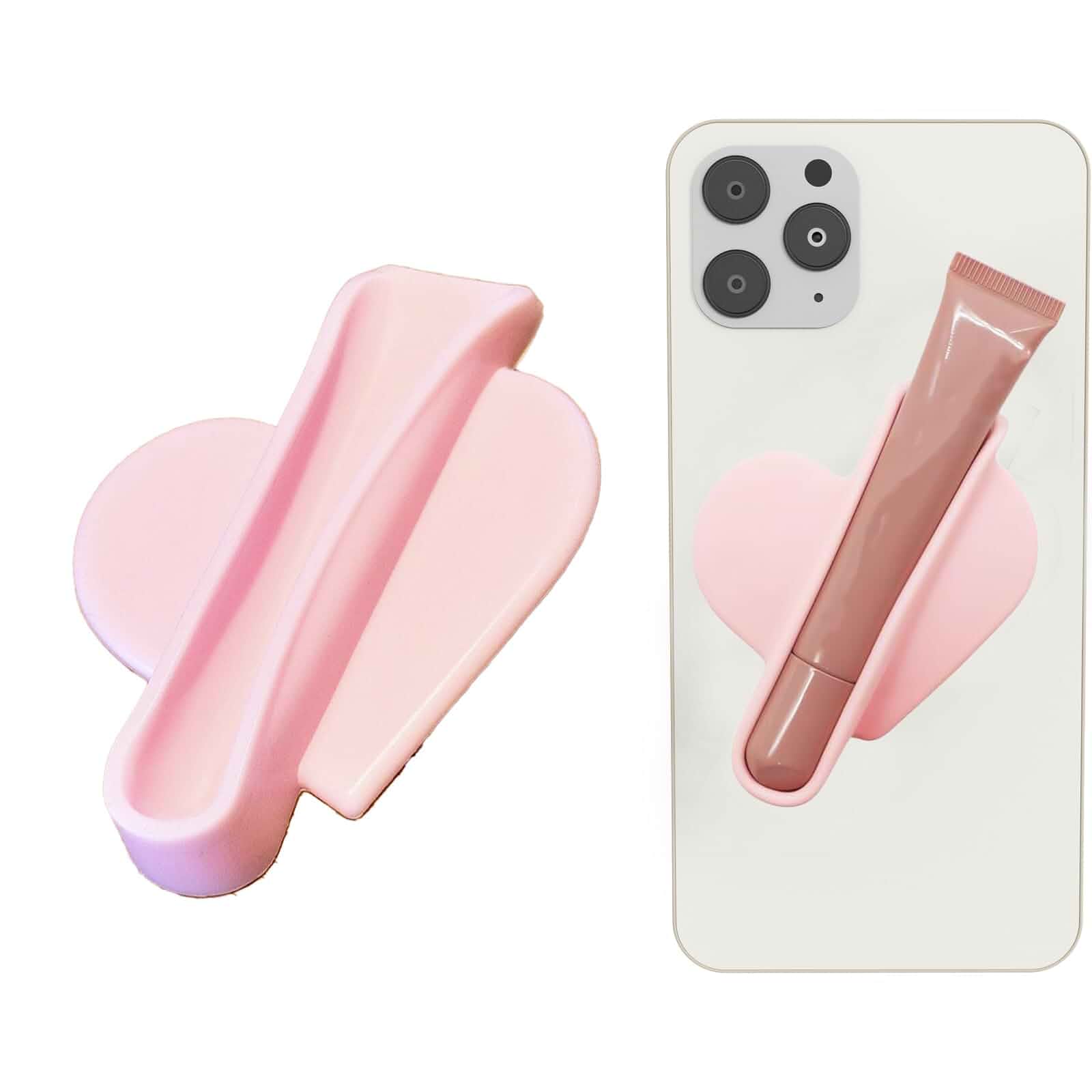 Rookii Heart Shape Lip Gloss Holder Phone Case, Lipstick Holder Phone Case.Silicone Lipgloss Holder, Adhesive Lip Gloss Balm Phone Card Holder for iPhone and Android (pink)