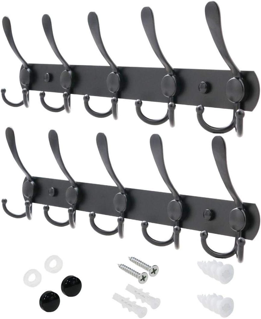 VXAR Coat Racks Wall Mounted 5 Tri Hooks Hanger Heavy Duty Stainless Steel for Hanging Towel Clothes Robes Bag Purse Entryway Bathroom Bedroom Black 2P