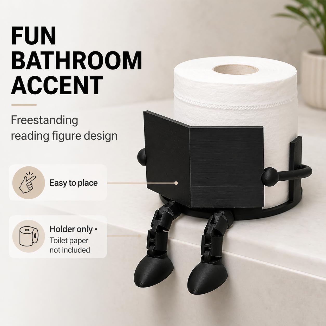 3D Printed Funny Toilet Paper Holder, Reading Figure Bathroom Roll Holder with Dangling Legs, Freestanding Novelty Tissue Stand for Home Office Restroom Decor (Black) image 2
