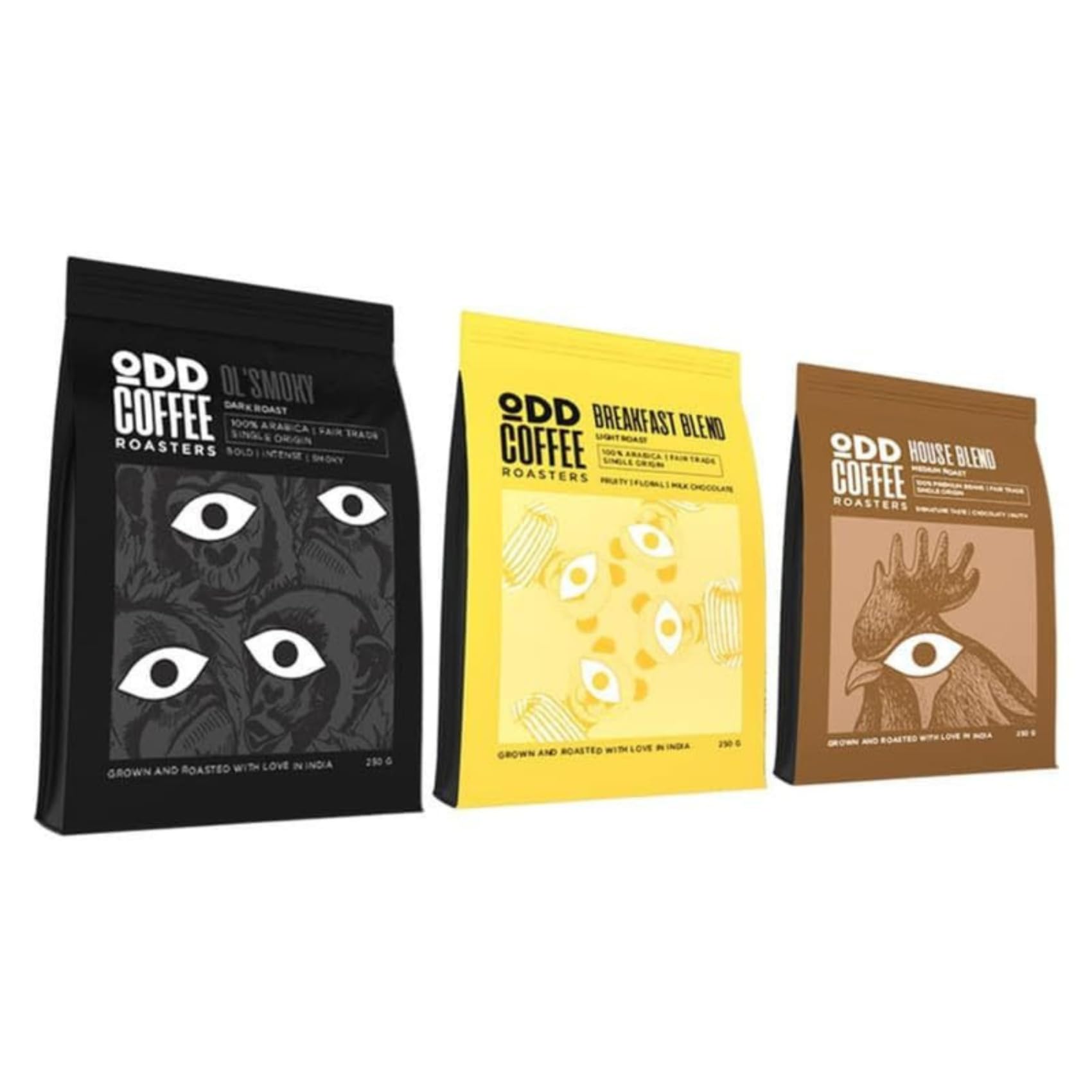 Speciality Coffee 250g |OL' Smoky - Dark Roast | Breakfast Blend - Light Roast | House Blend- Medium Roast Coffee| Pack Of 3 AAA Whole Beans