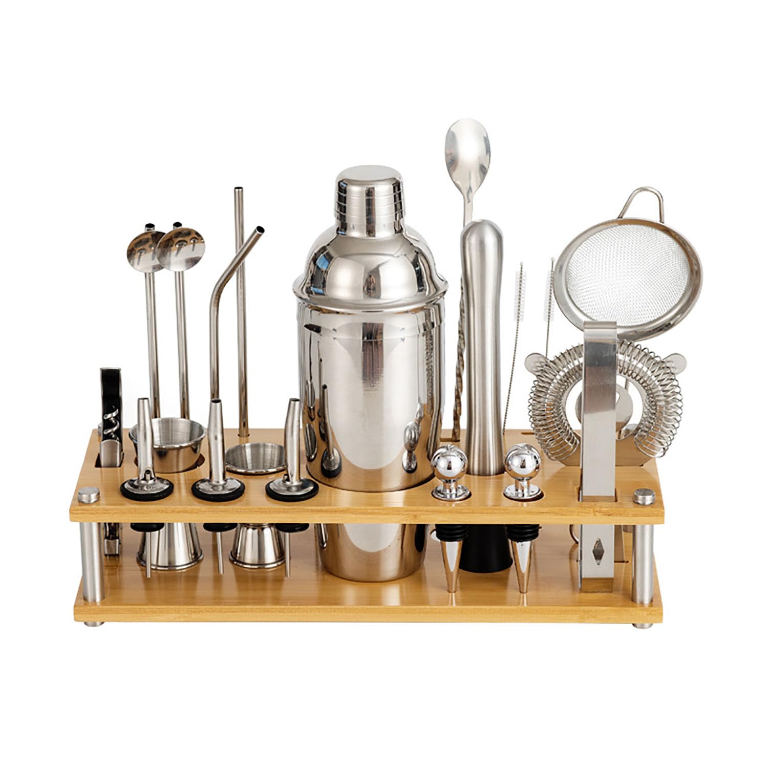 Juego De Mezclador De Bebidas para El Hogar, Juego De Coctelera De Acero Inoxidable De 24 Piezas, Herramienta De Copa De Cóctel con Base De Bambú Extraíble para Tiendas De Té con Leche