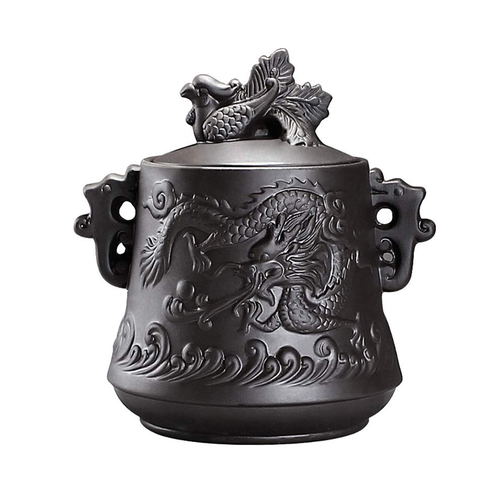 LINGS Chinese Purple Clay/Zisha Ceramic Cremation Urns For Human Ashes or Pet Ashes,Memorial Burial Funeral Urn,Dragon and Phoenix Pattern,Black