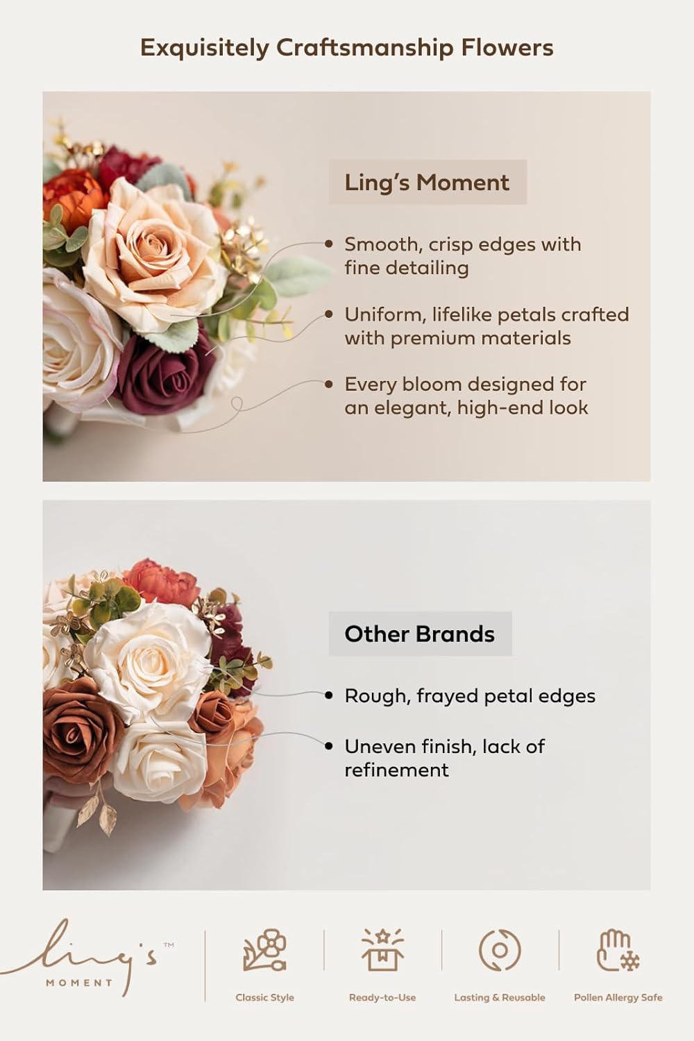 Ling's moment Burgundy Artificial Wedding Flower Bouquets for Bridesmaids Blush Floral Bouquet Mashala Bridesmaid Bouquets with Ribbon Ceremony Anniversary Homecoming,7-inch Diameter