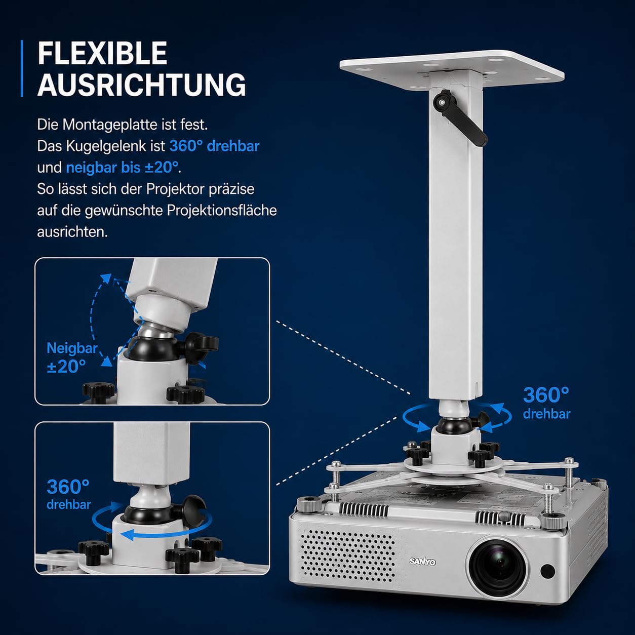 Alphavision Professional Universal Beamer Deckenhalterung Standard | Höhenverstellbar 60-110 cm | Tragkraft 25kg | 360° Drehbar | Neigbar | Projektor Halterung | Lichtgrau