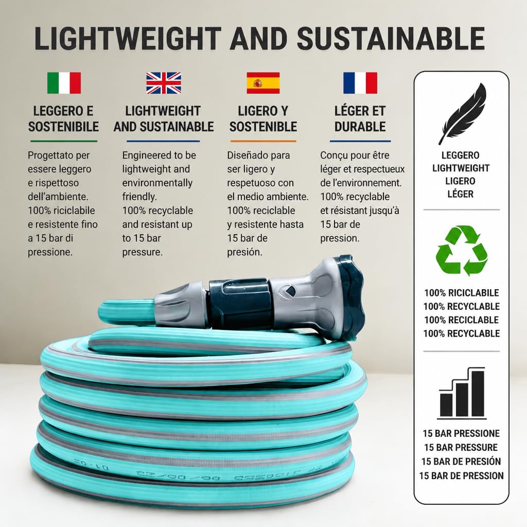 Idroeasy, manguera de jardín extensible de 30 metros con cabezal de ducha de 6 funciones y accesorios, manguera de jardín antitorsión y antinudos de 1/2", extensible hasta 3 veces, Made In Italy