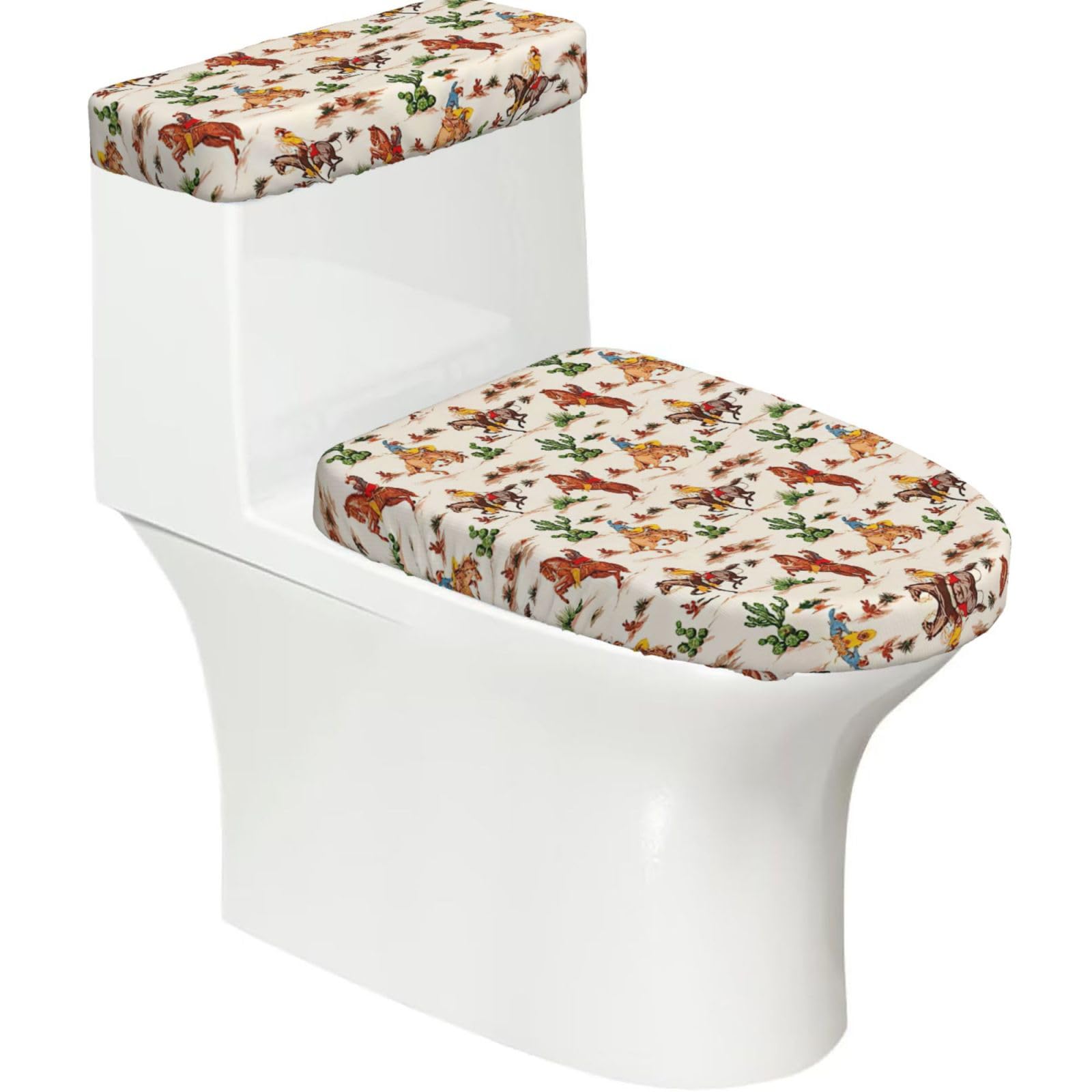 Cowboy Ride Horse Printed Toilet Tank and Lid Cover Set of 2 for Most Bathrooms, Fits Elongated Round Toilets