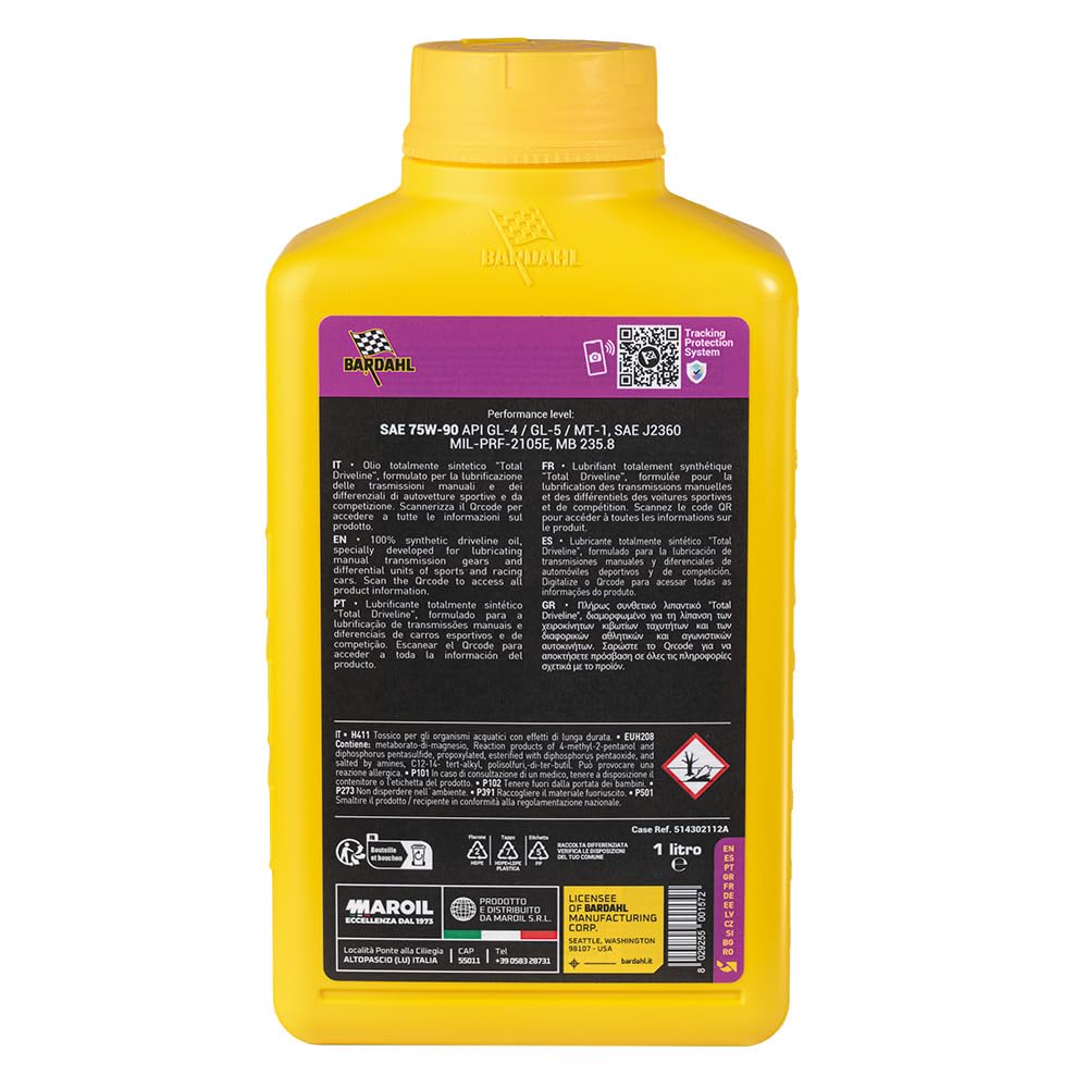 Bardahl - GEAR OIL 4005 75W-90 - Olio Trasmissione e Differenziale Auto, Lubrificante per Automobili Sportive e da Competizione, Formula Anti-Usura e Anti-Attrito, 1 L