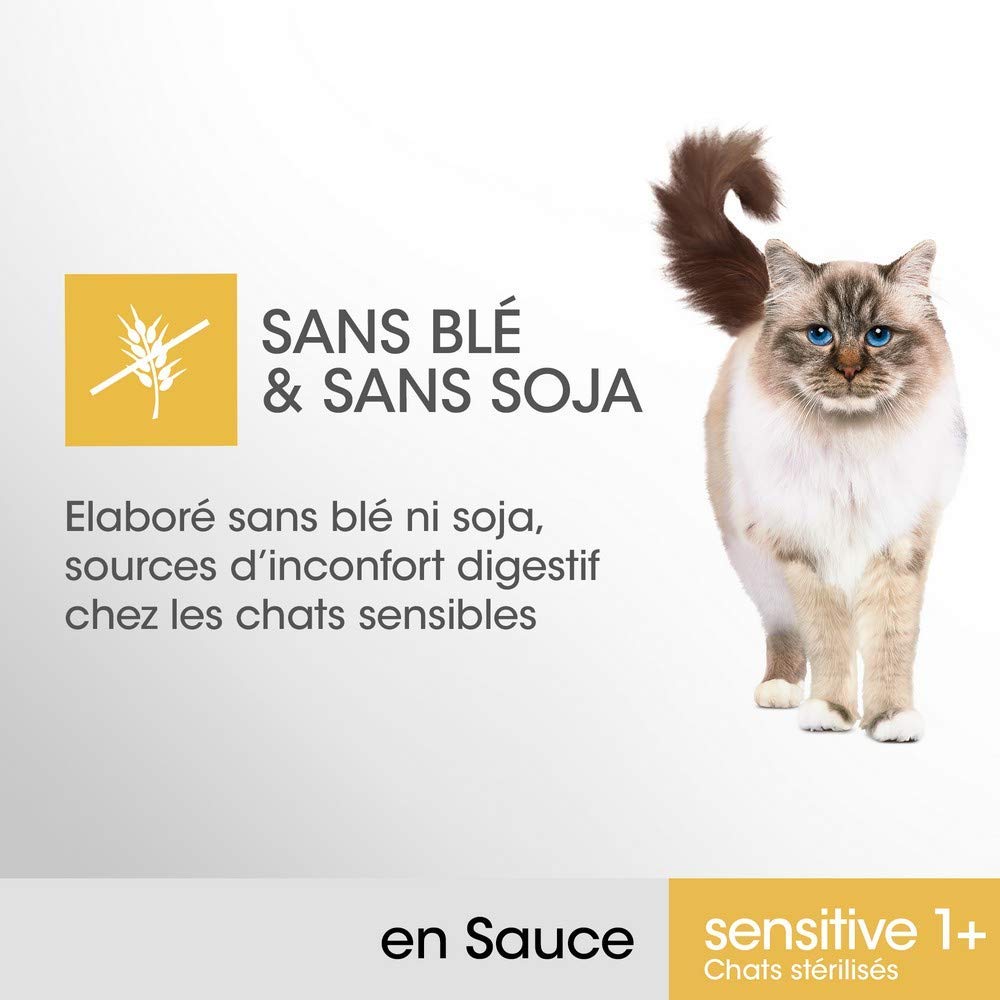 Sensitive 1+ – Sacchetti per gatti adulti sterilizzati – Soddisfa esigenze specifiche di un gatto sterilizzato – Ricco di pollo e salmone – 52 bustine da 85 g