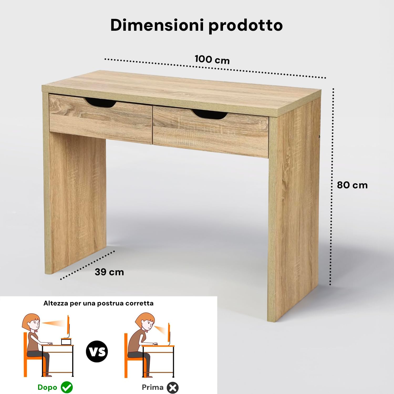 Avilia Tavolo Consolle in Legno Effetto Rovere, Scrivania con 2 Cassetti Profondi per Riporre Chiavi e Accessori - Consolle Adatta per Soggiorno, Camera o Ufficio - Consolle Ingresso di 100x39x80 cm