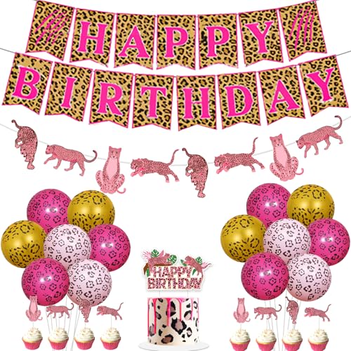 kreat4joy Décoration de fête d'anniversaire avec imprimé guépard pour fille, motif léopard rose, guirlande d'anniversaire pour gâteau, cupcake, ballon en latex pour guépard zoo sauvage, safari,